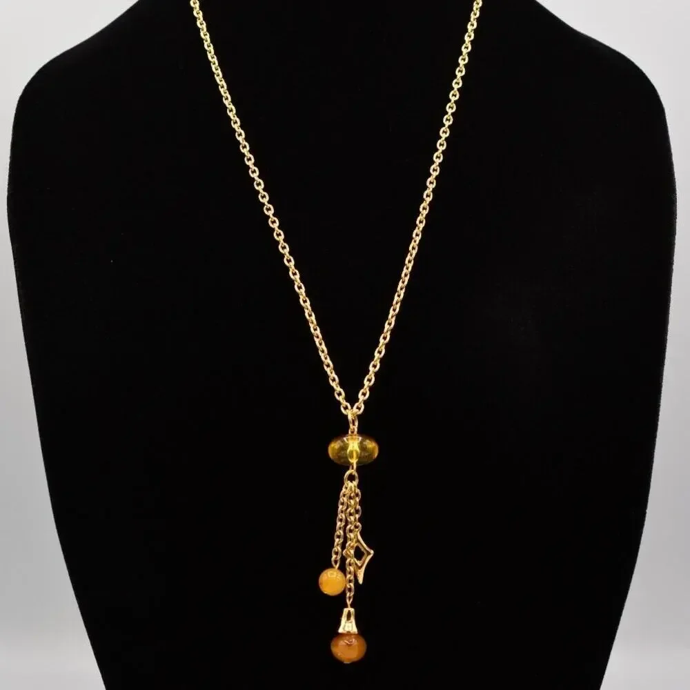 Givenchy 1980s Cabochon Charm Beaded Tassel Necklace Gold Signed Vintage BinR